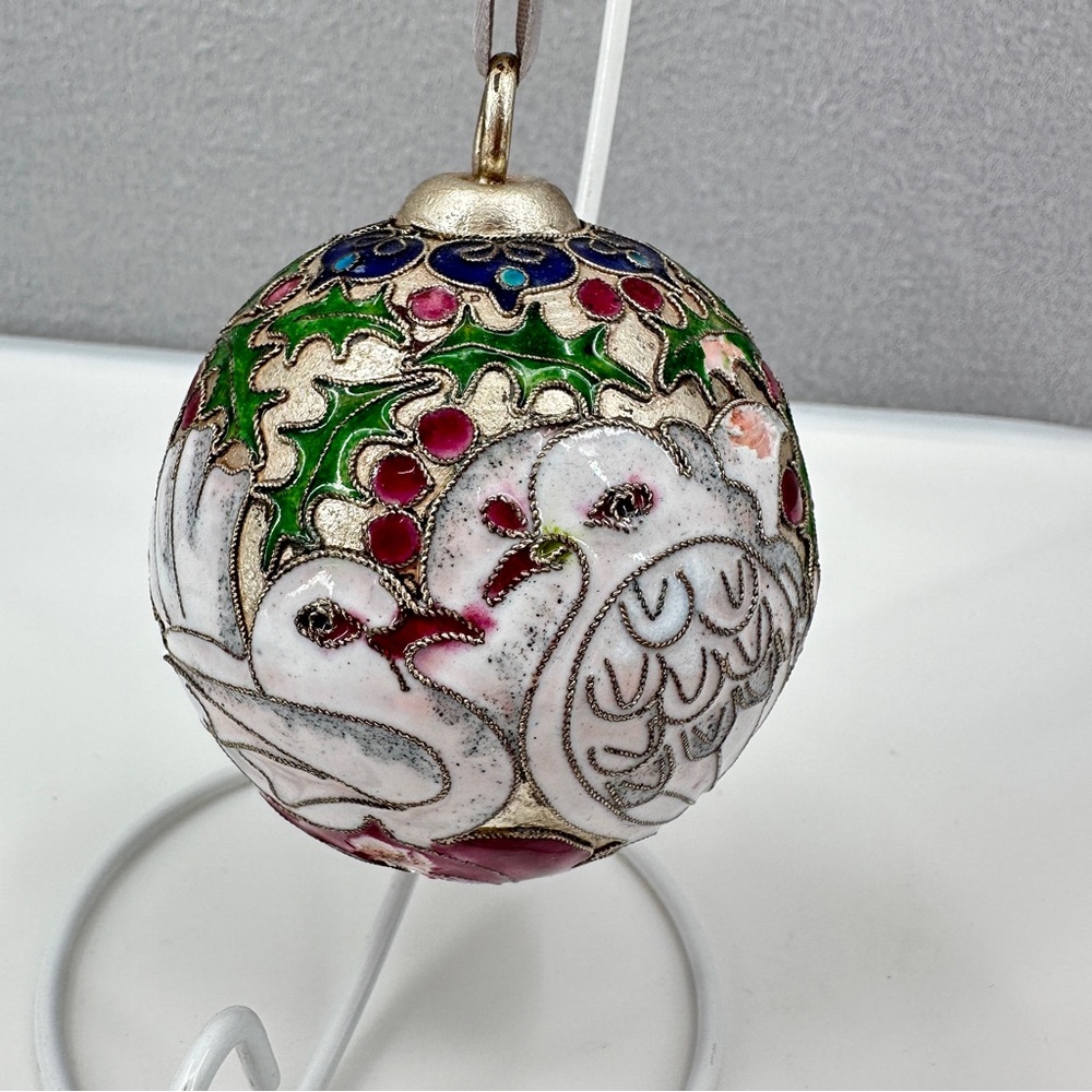 Vintage Nyco Cloisonne Turtle Doves Silver Enamel 12 Days Christmas Ornament